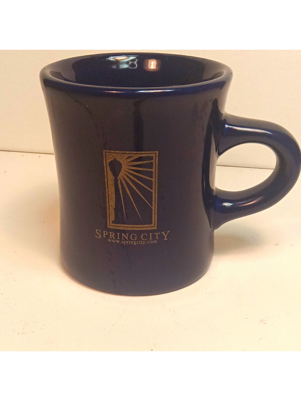 M. WARE Spring City Logo Blue Ceramic Coffee Mug 12 fl oz Decorated Travel